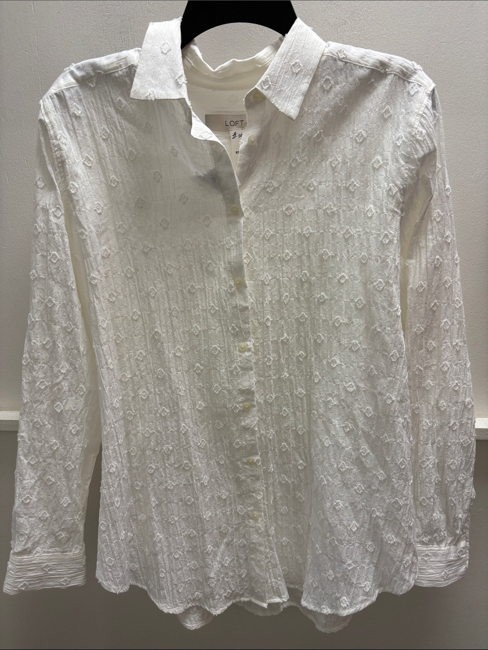 LOFT White Embroidered Long-Sleeve Button Shirt